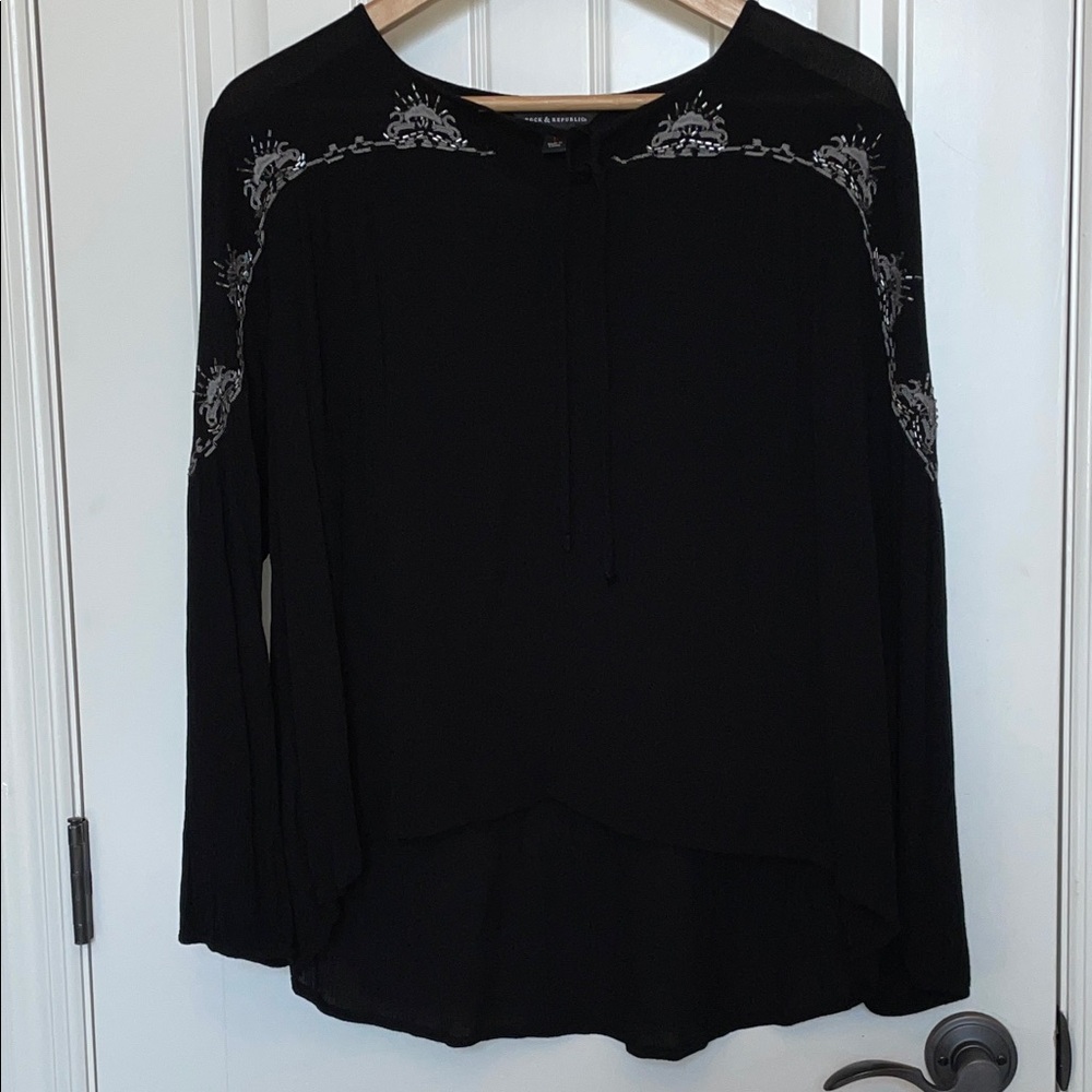 Rock & Republic L Black Long-Sleeve Peasant Top with Silver Beaded Embroidery